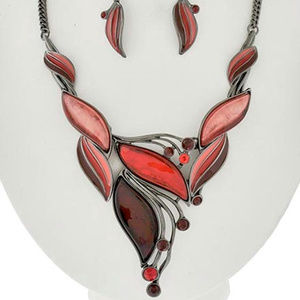 Multi Red Marble Look Necklace Earring set